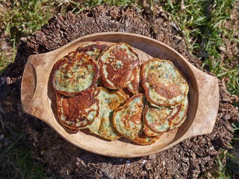 cheese nettle pancakes, trail cooking, backpacking food ideas, meals for camping
