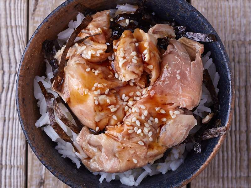 teriyaki salmon rice bowl, backpacking dinner ideas, trail recipes