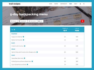 5-day backpacking menu, backpacking meal planner